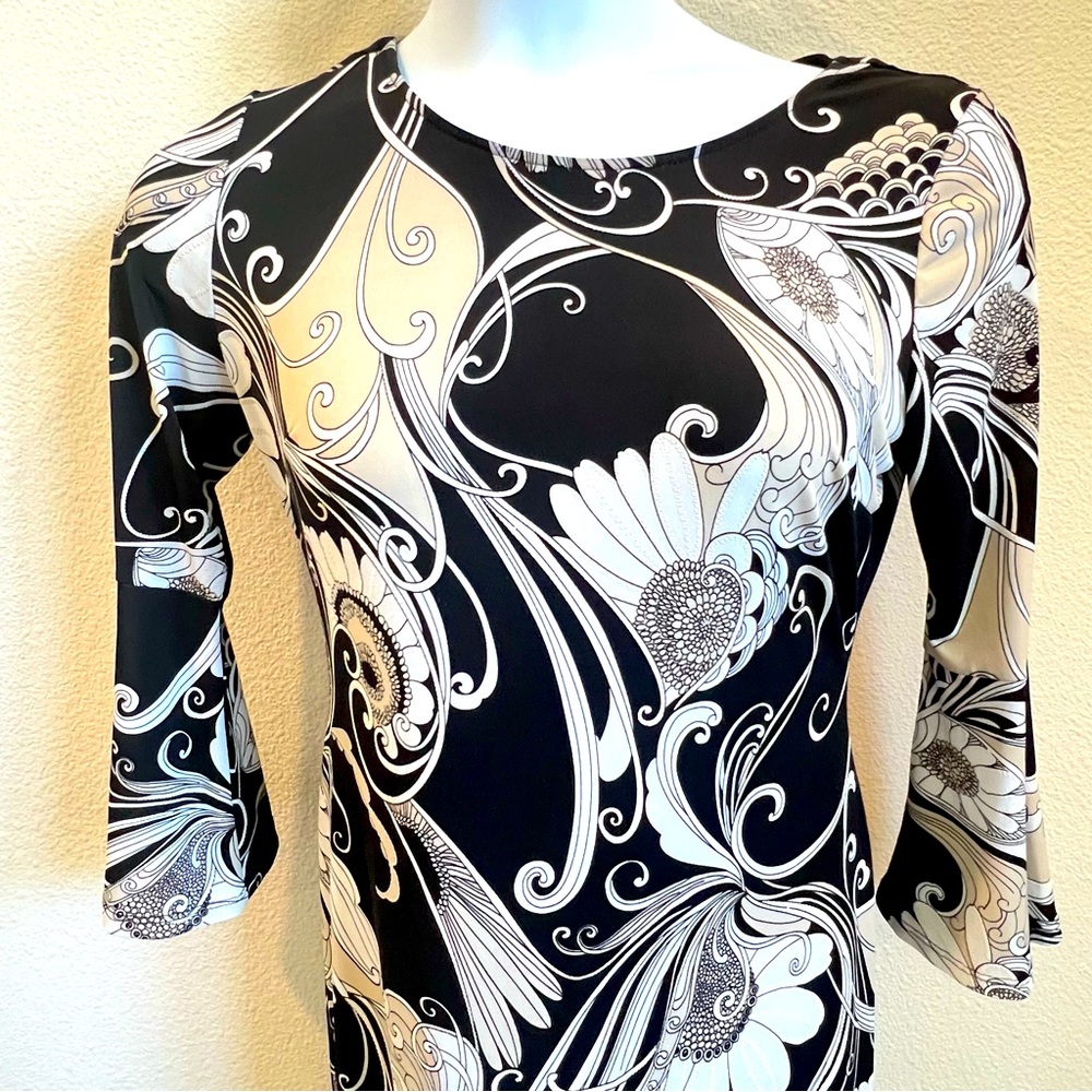 Glamour women black white tan floral midi dress trumpet sleeve round neck Sz 8 - Picture 4 of 16